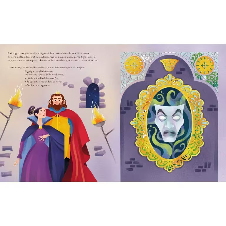 Dettaglio interno con mela, libro fiabe bambini Biancaneve e i sette nani
